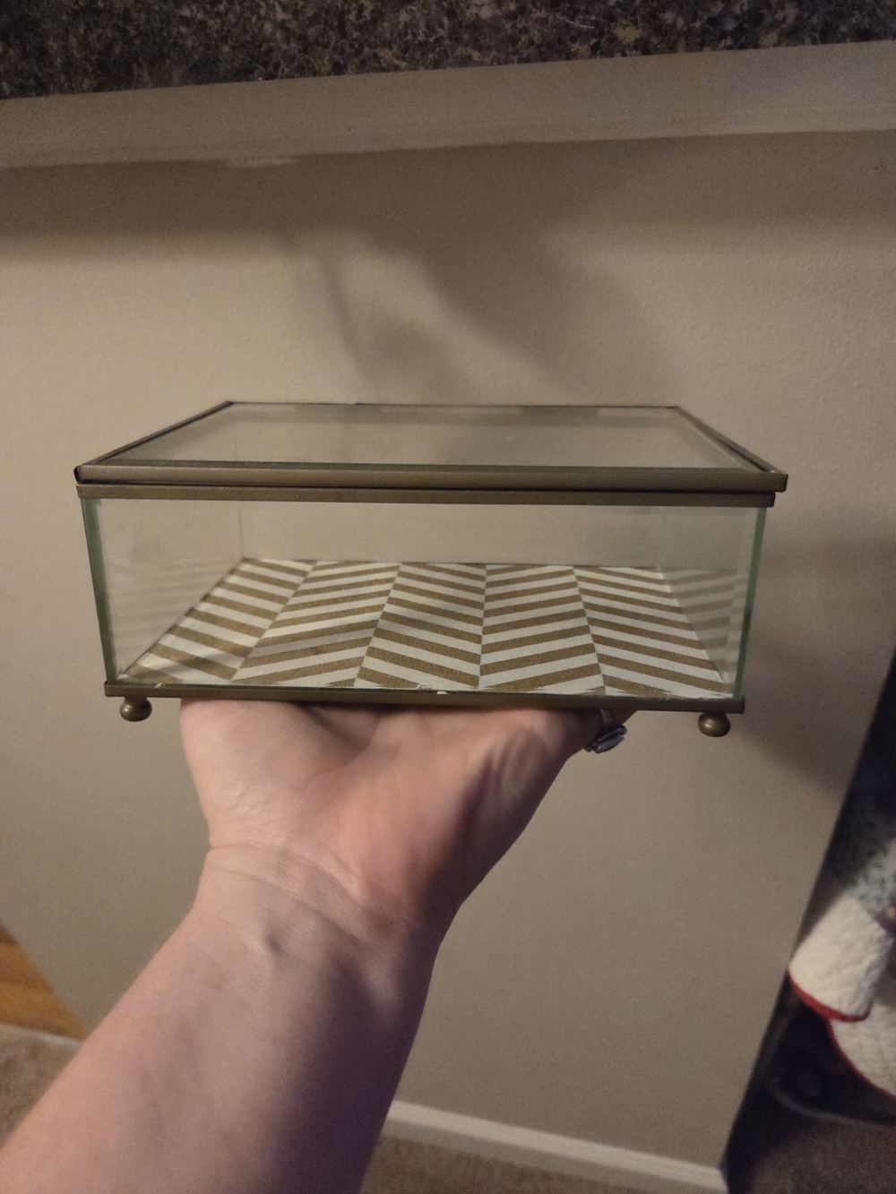 Sheffield Home Glass Display Jewelry Box with Gold & White Chevron Base See Pics